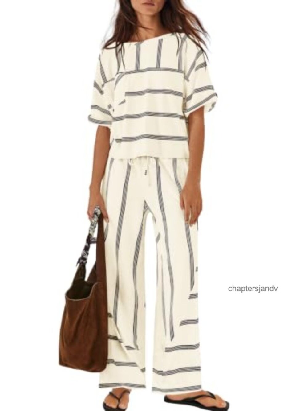 Striped Lounge Set 2 Piece Vacation Tops Wide Leg Pants with Pockets